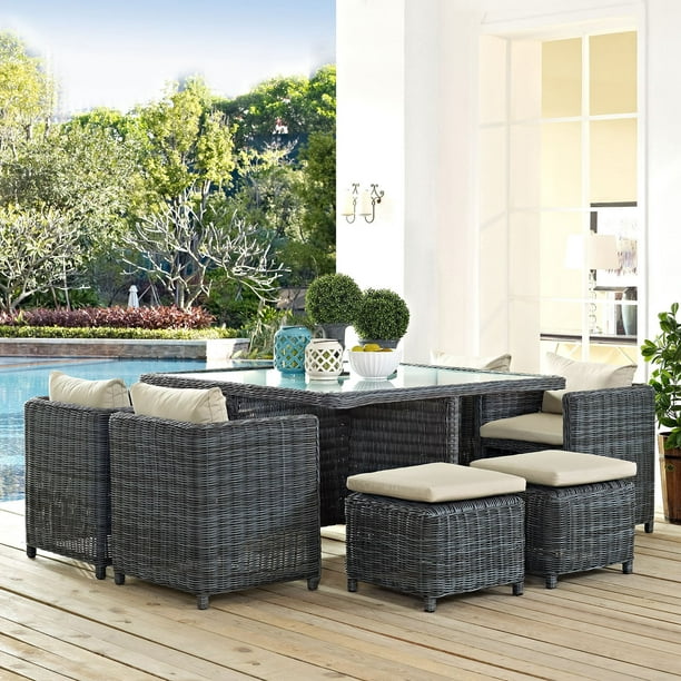 Modway Summon 5 Piece Outdoor Patio Pub Set With Tempered Glass Top in Canvas Navy 